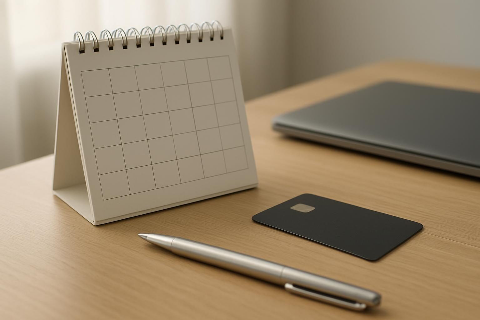 Calendário sobre a mesa ao lado de cartão bancário, representando a data de pagamento do benefício