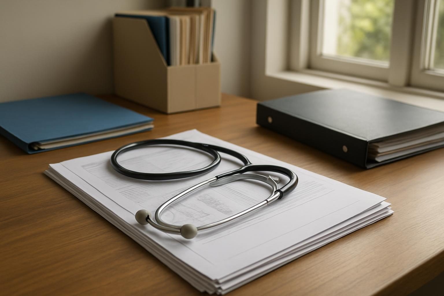 Laudos e exames médicos organizados sobre a mesa para recurso ou prorrogação do benefício
