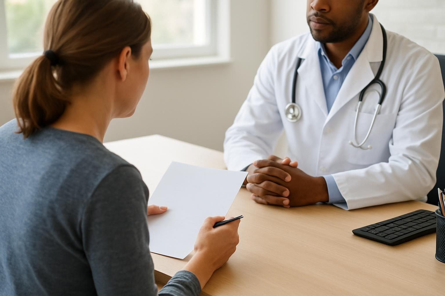 Paciente conversando com médico e anotando informações sobre o tratamento