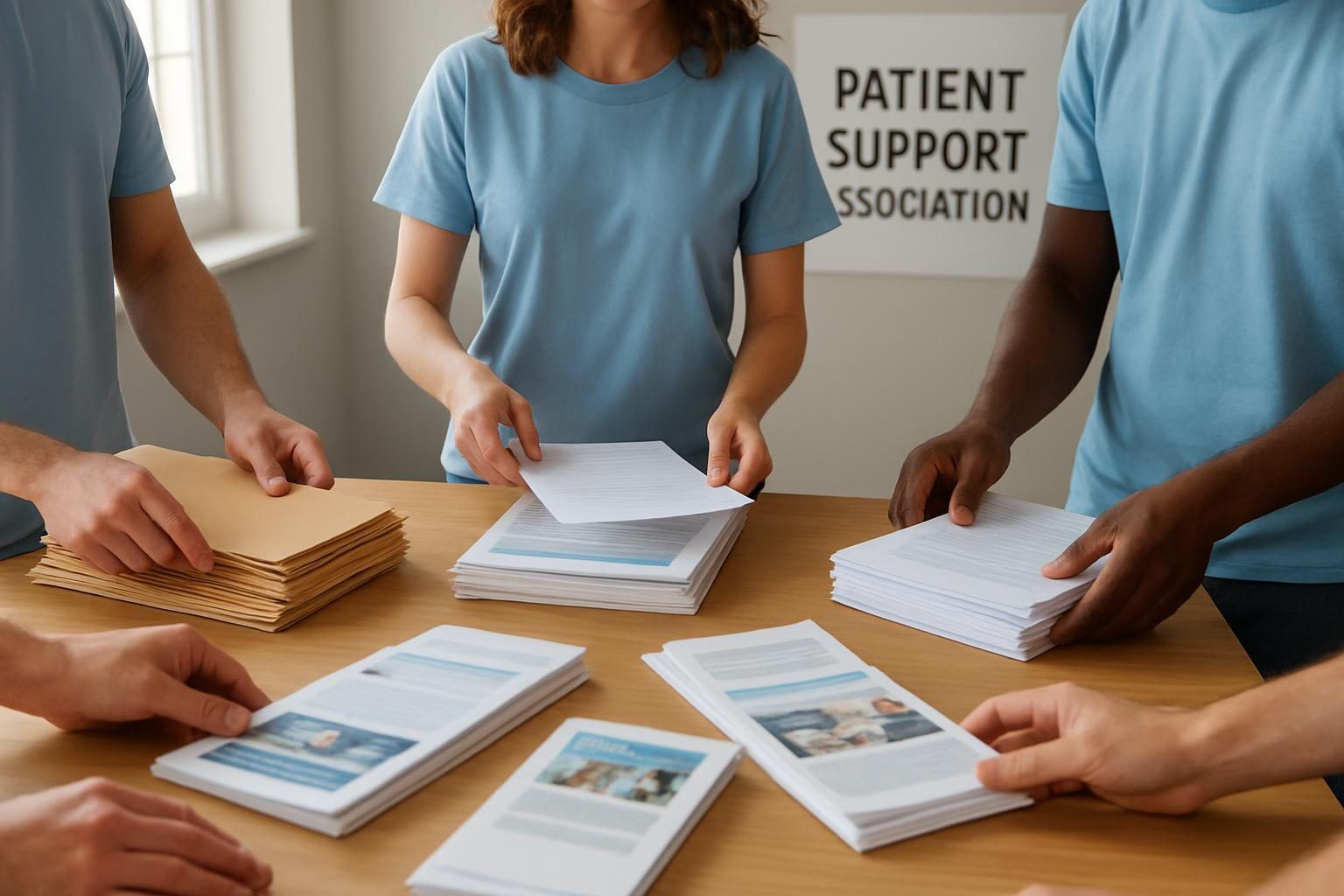 Voluntários de associação de pacientes organizando materiais de apoio