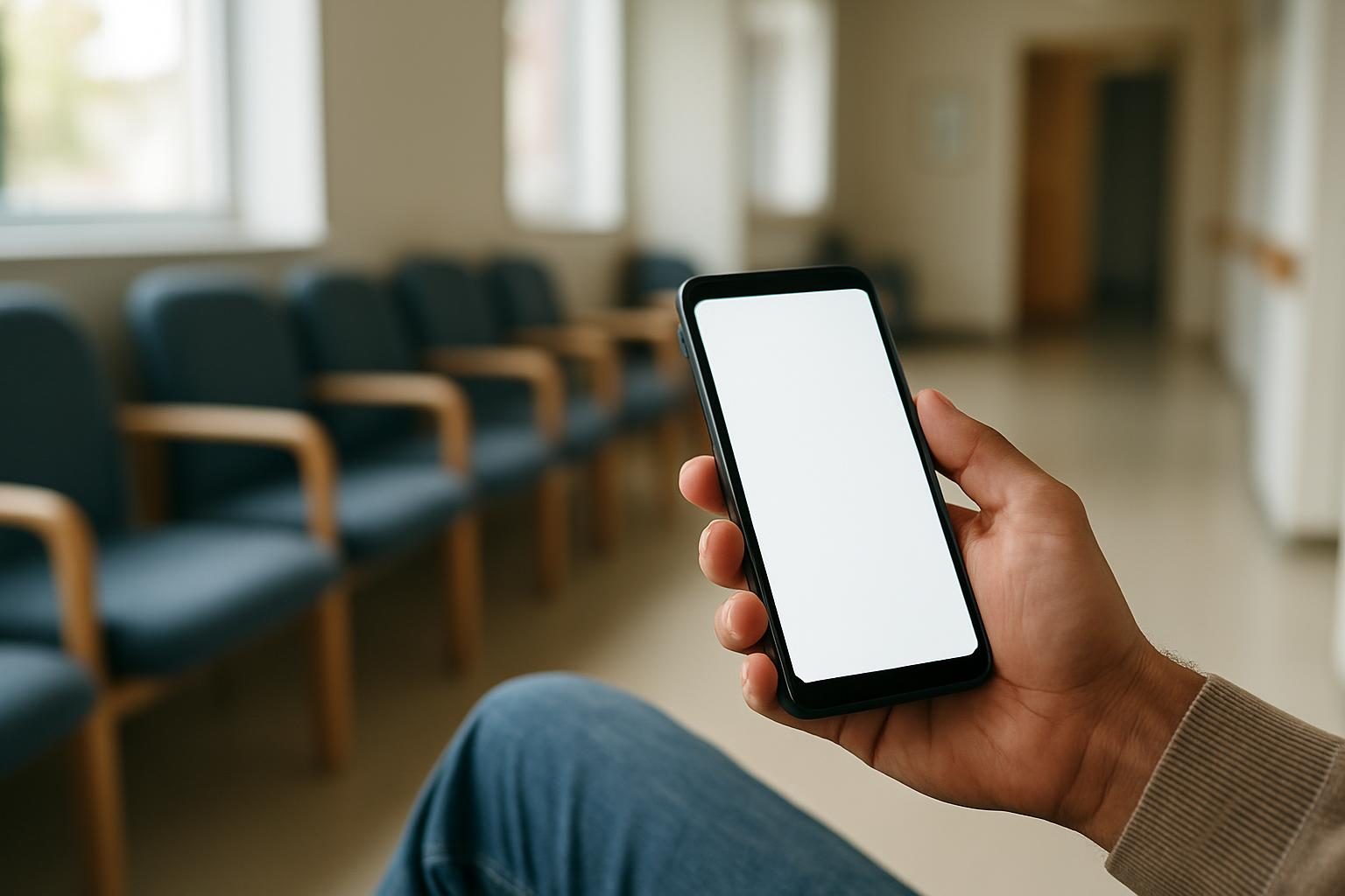 Pessoa usando o celular na sala de espera de uma unidade básica de saúde para conferir o cadastro