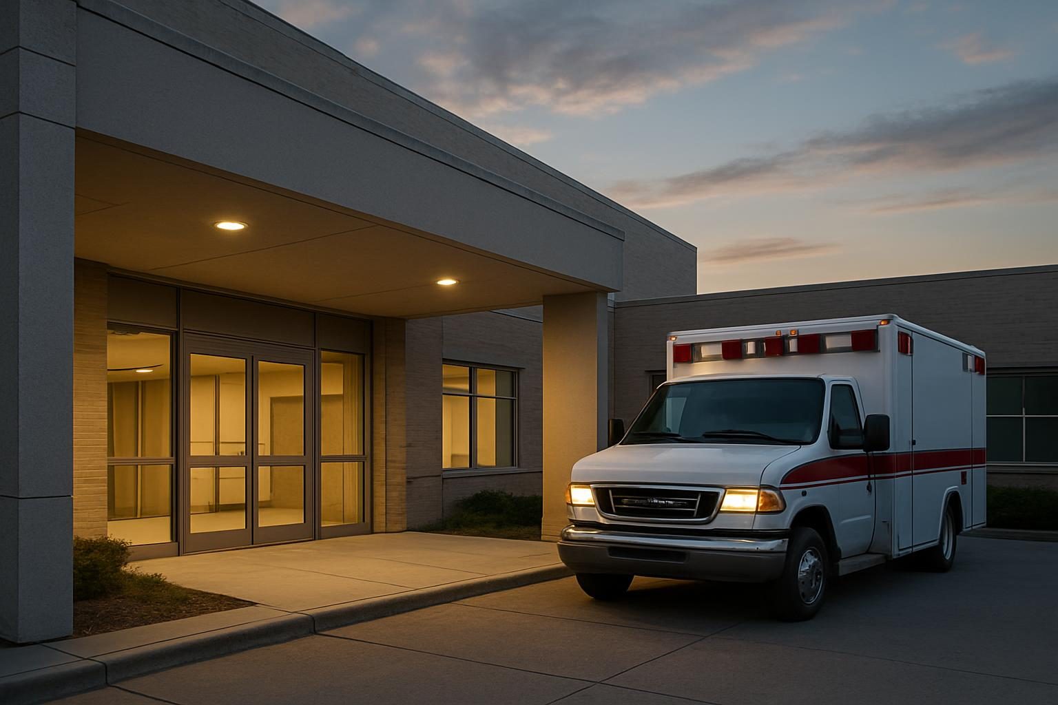 Entrada de unidade de pronto atendimento com ambulância estacionada