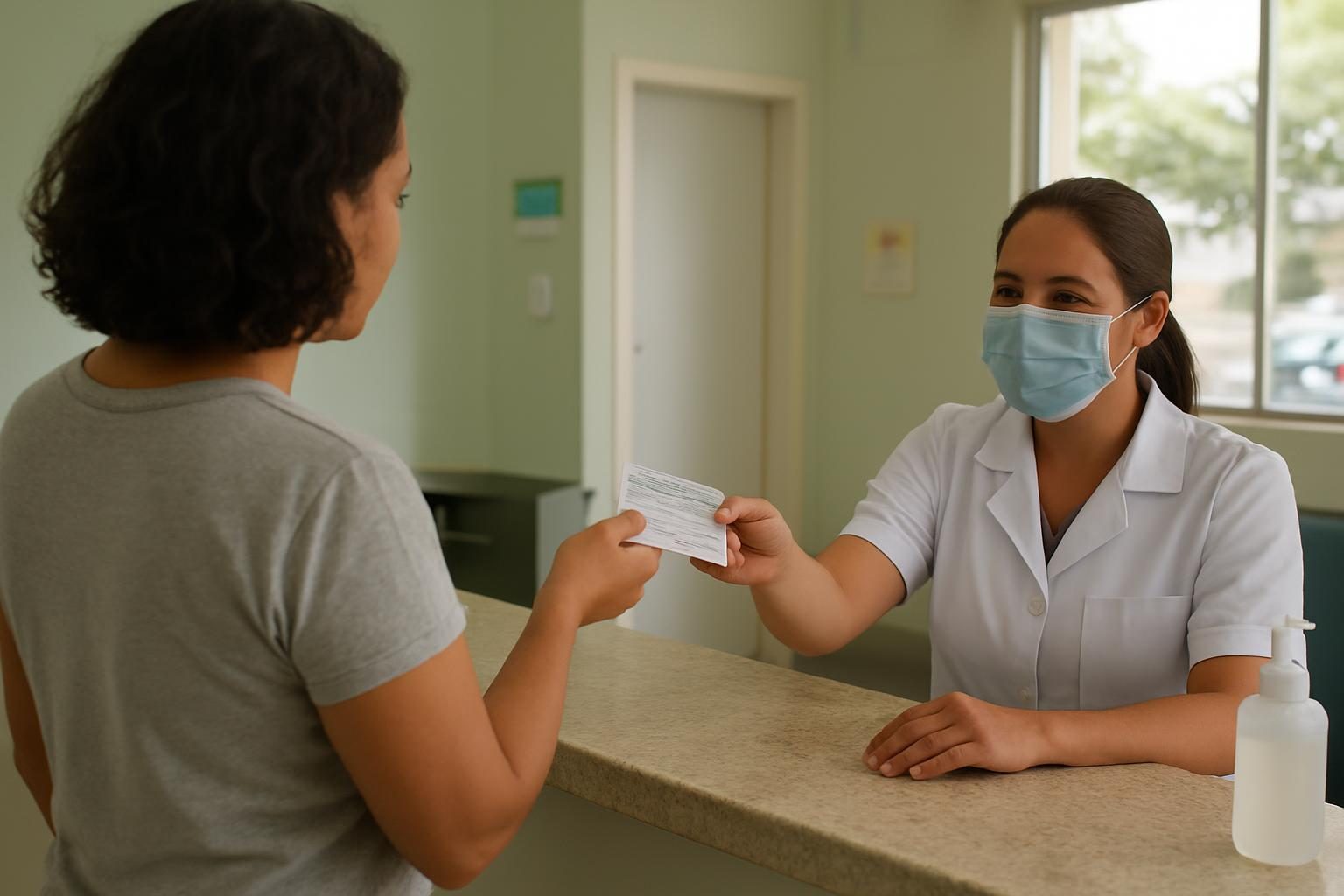 Paciente entrega caderneta de vacinação na recepção de uma unidade básica de saúde