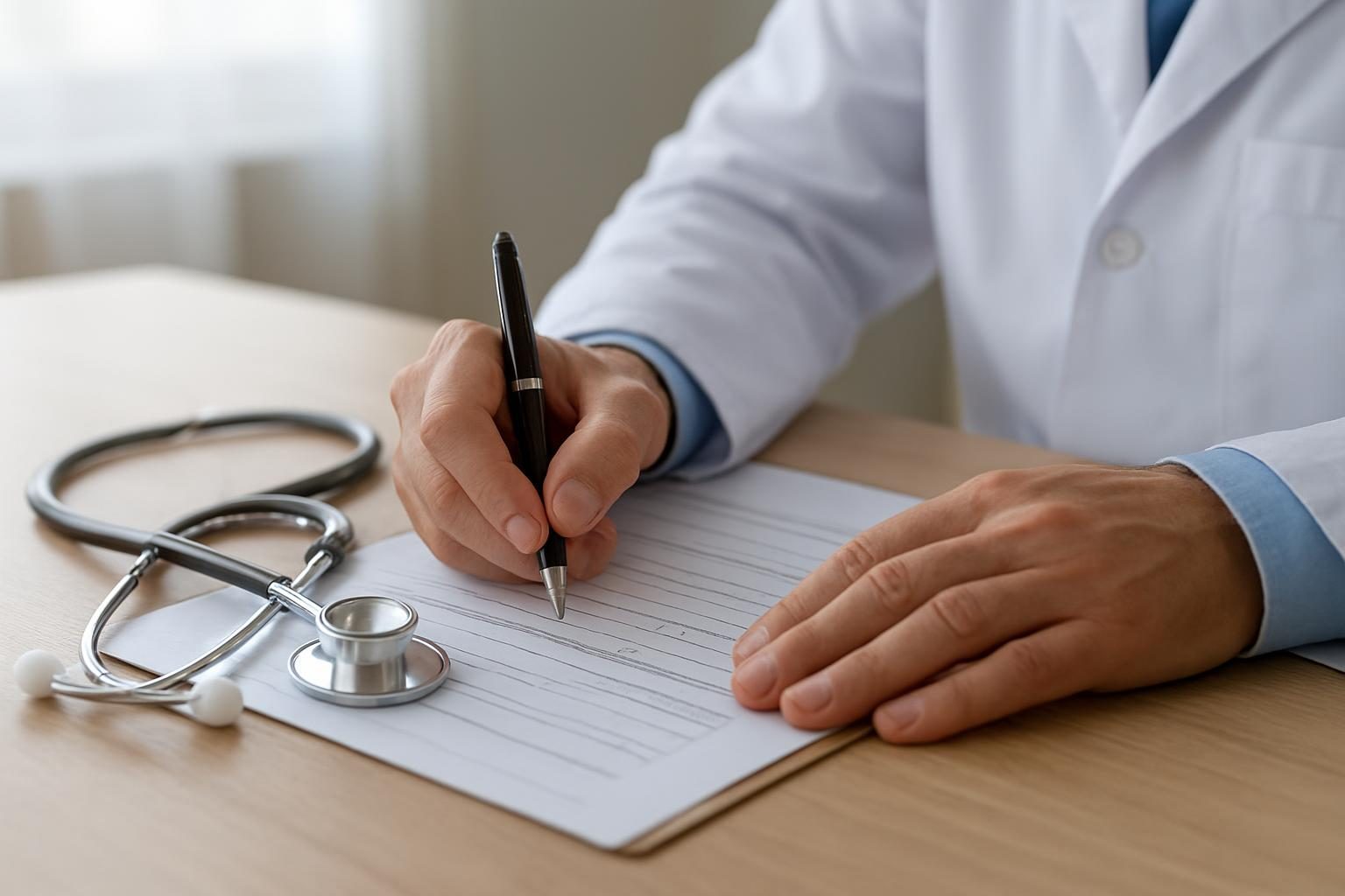 Médico preenchendo um relatório sobre a recuperação do paciente