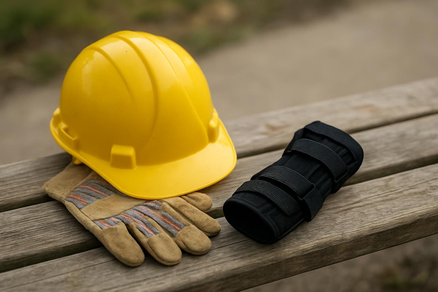 Capacete e luvas de trabalho ao lado de uma órtese, representando afastamento por acidente de trabalho