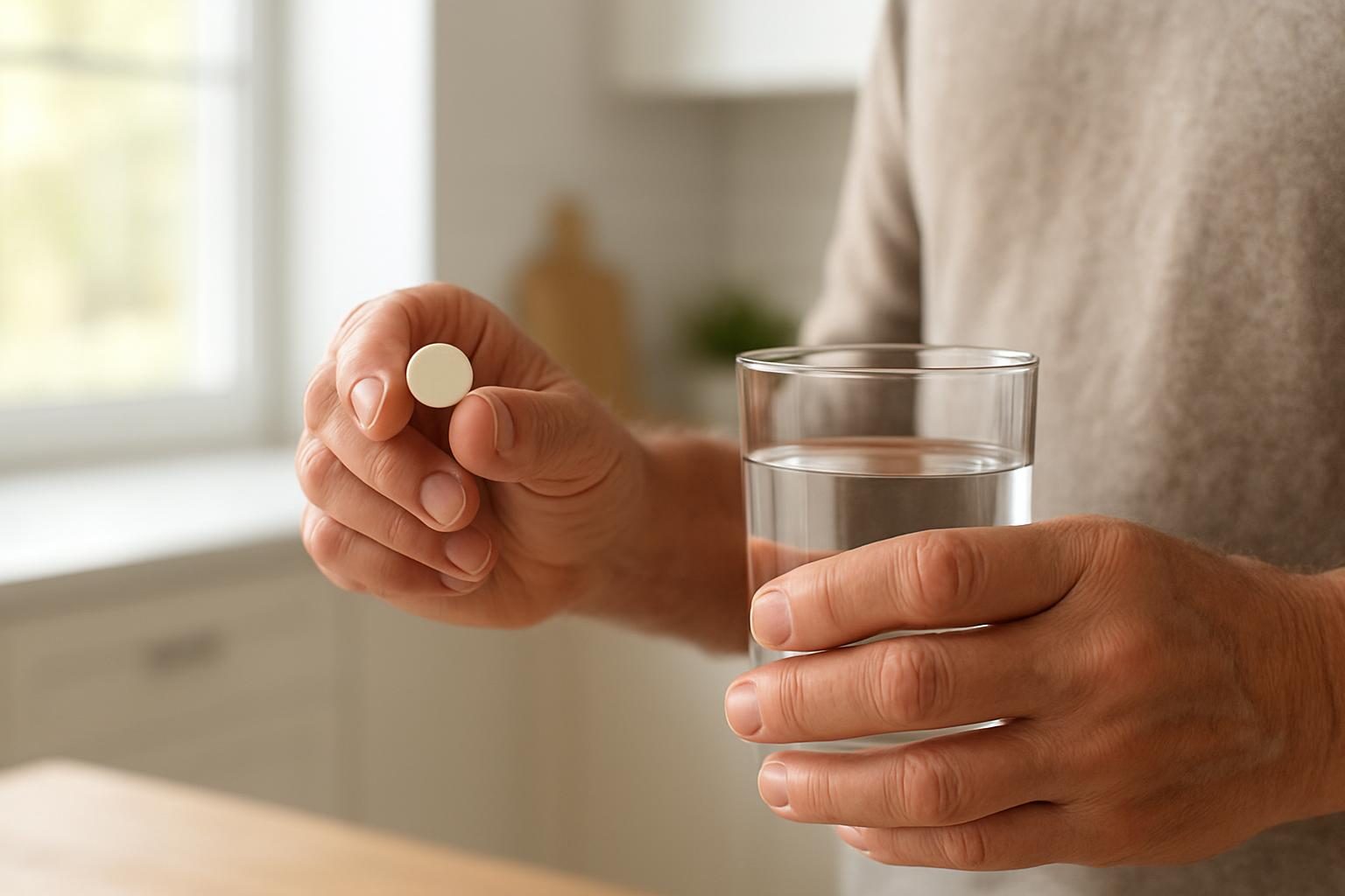 Pessoa segurando um comprimido e um copo de água para tomar o medicamento
