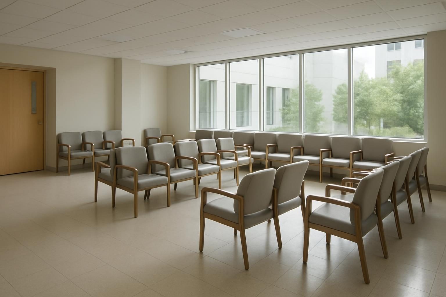 Sala de espera de unidade de saúde com cadeiras e luz natural