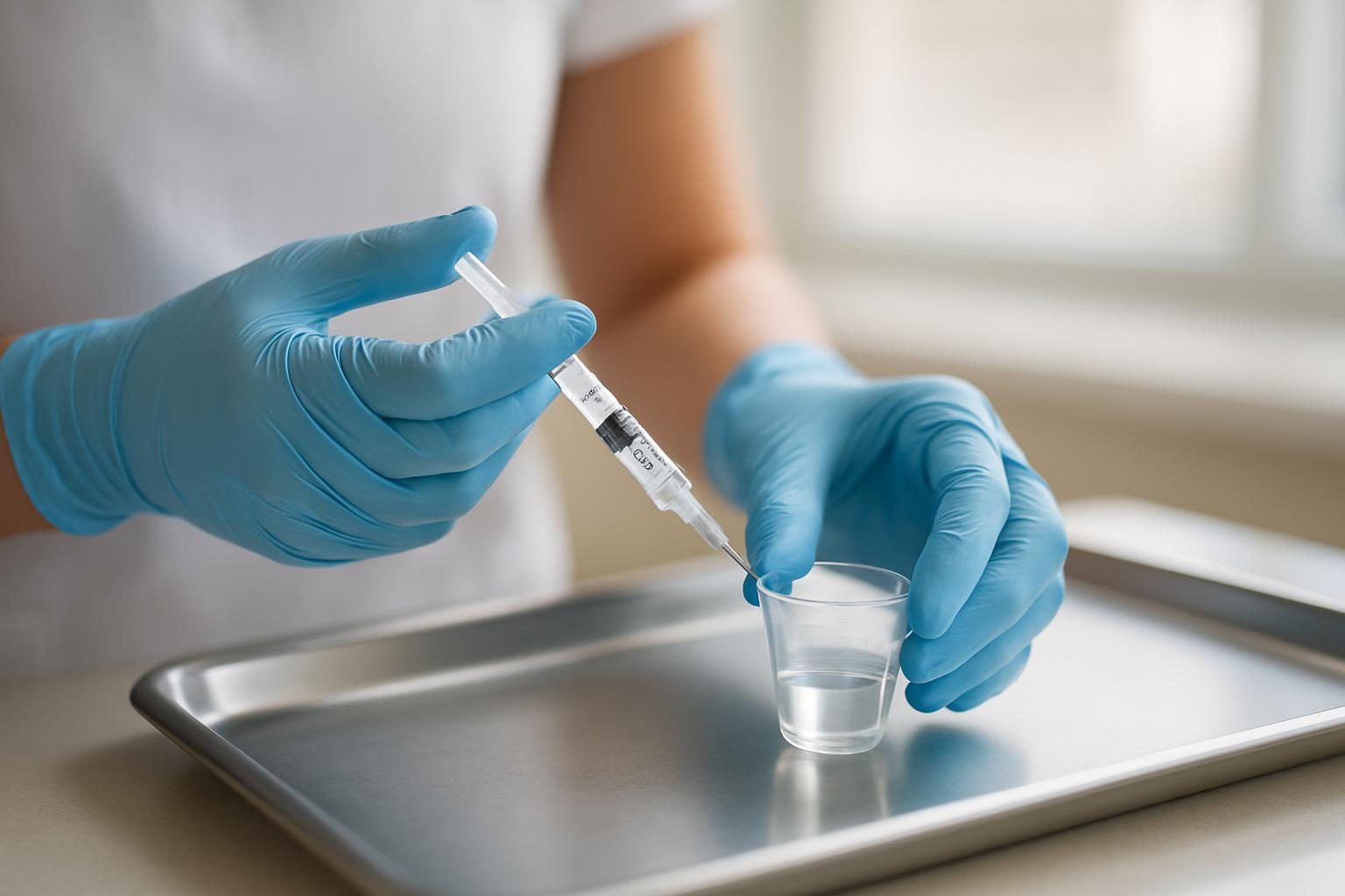 Mãos de profissional de enfermagem preparando a medicação em bandeja hospitalar
