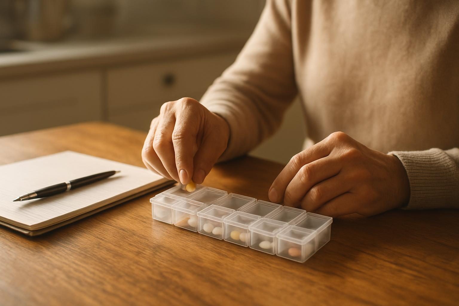 Pessoa organizando comprimidos em porta-comprimidos semanal para seguir a medicação