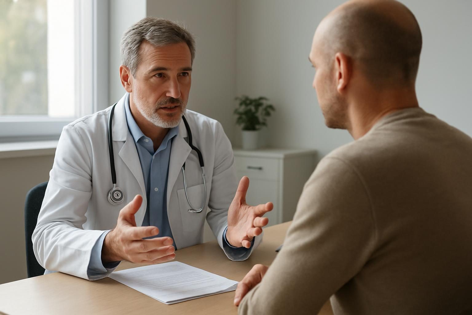 Médico explicando o diagnóstico ao paciente durante a consulta