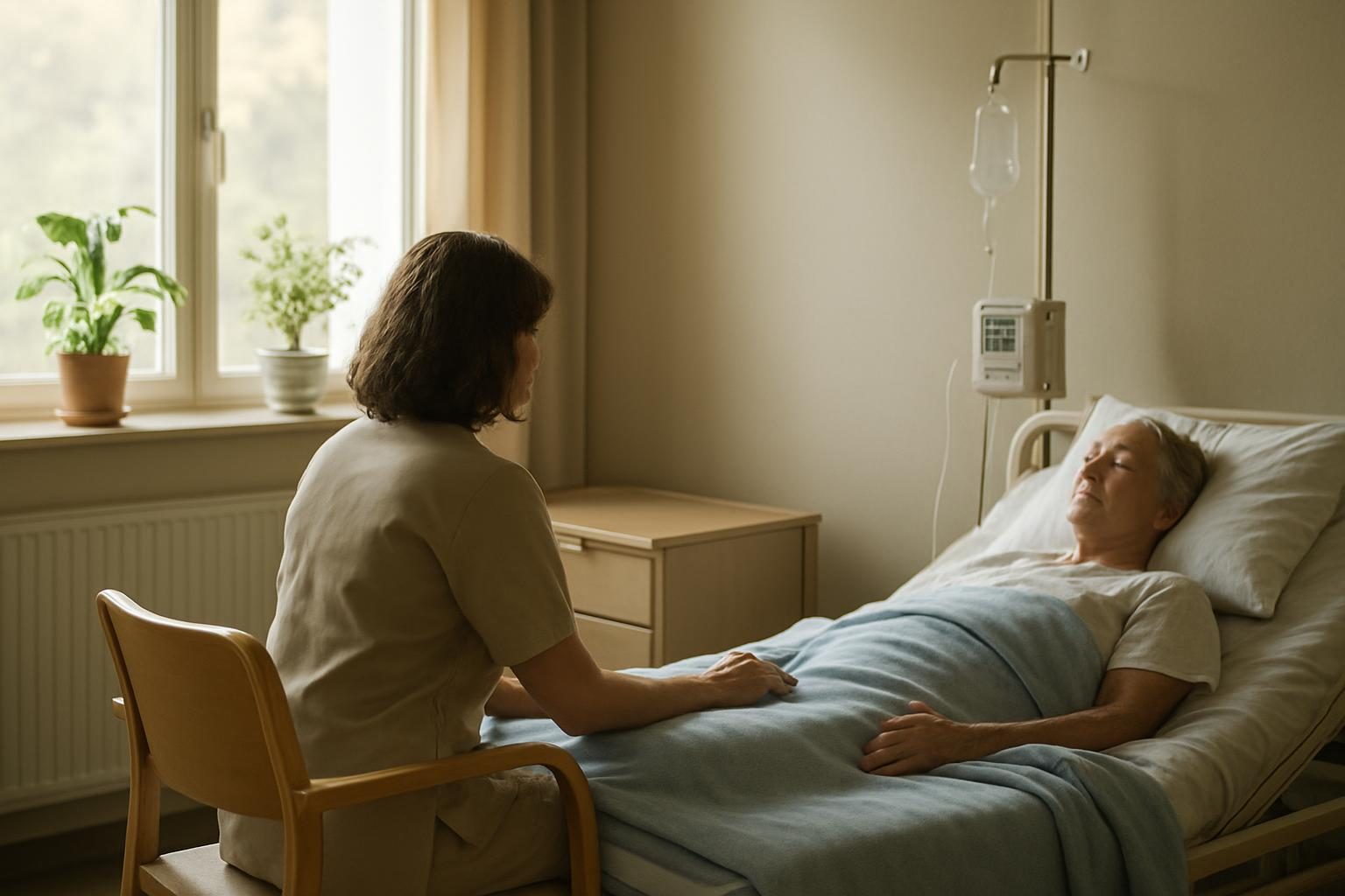Quarto de hospital com acompanhante sentado ao lado do leito