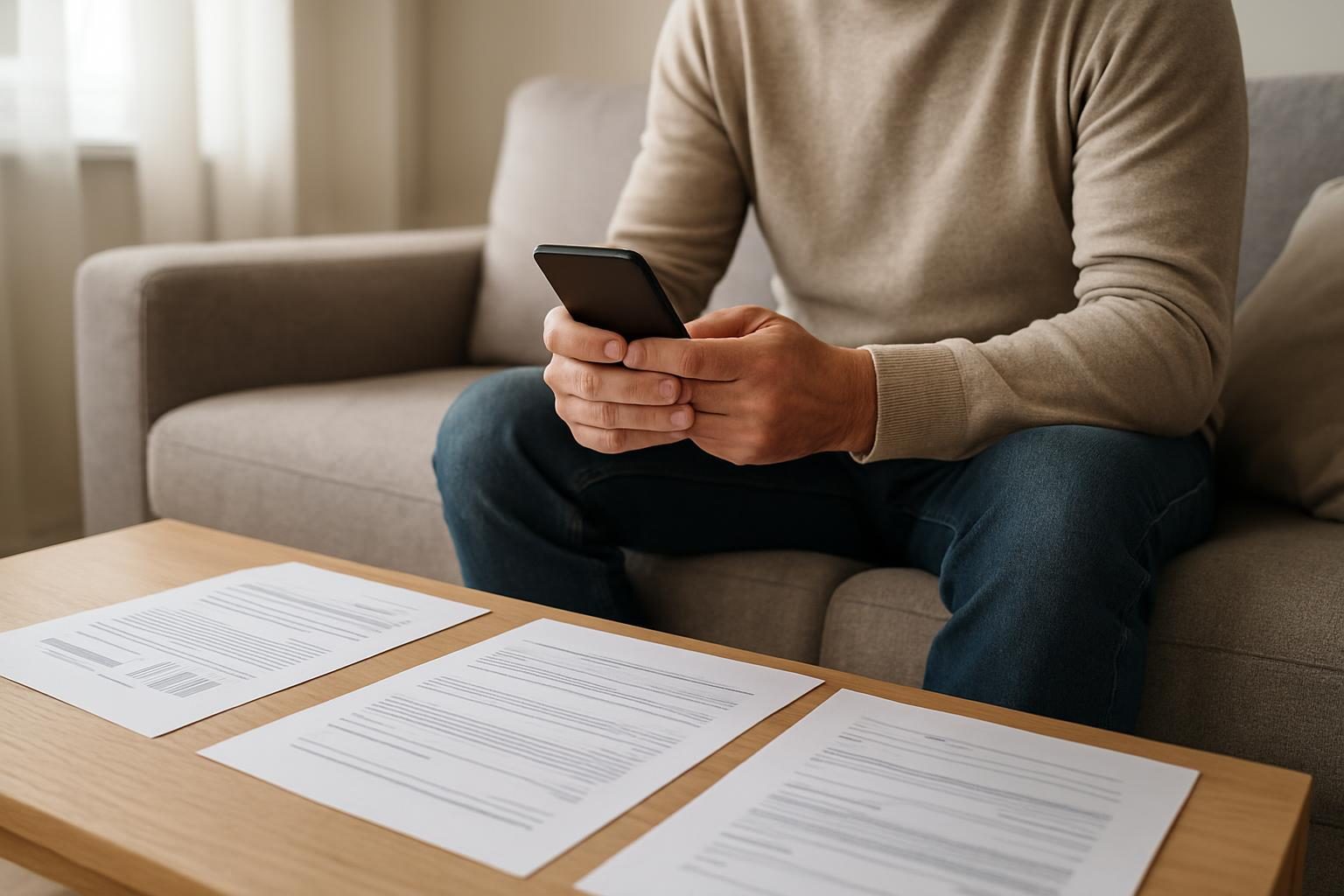 Pessoa em casa usando o celular para fazer o pedido de benefício por incapacidade com exames médicos ao lado