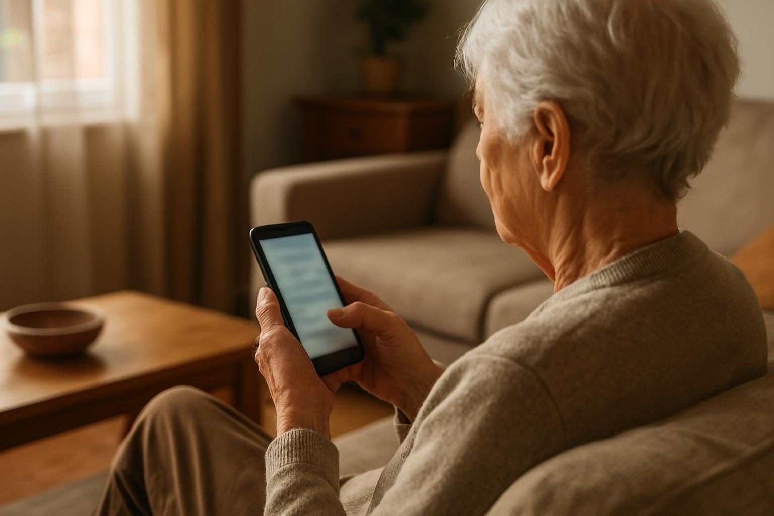 Pessoa idosa usando o celular em casa para acessar serviços previdenciários