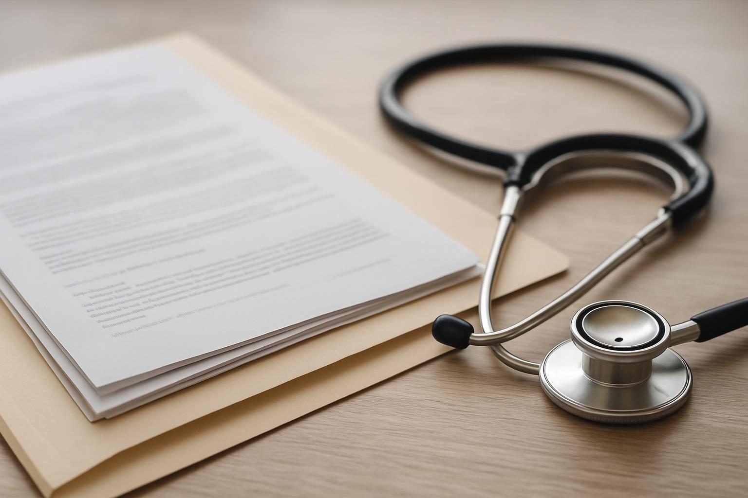 Laudos e exames médicos organizados em pasta para perícia do INSS