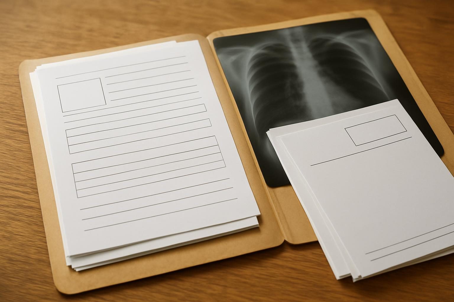 Pasta com exames, radiografia e receitas médicas organizados para a perícia do INSS