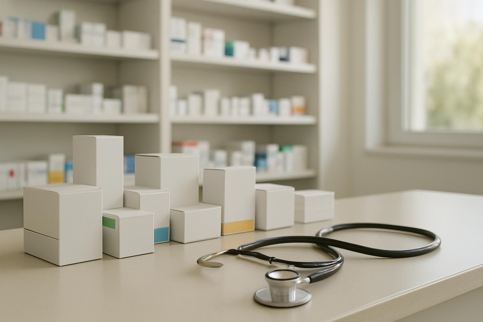Balcão de farmácia de unidade de saúde com caixas de medicamentos