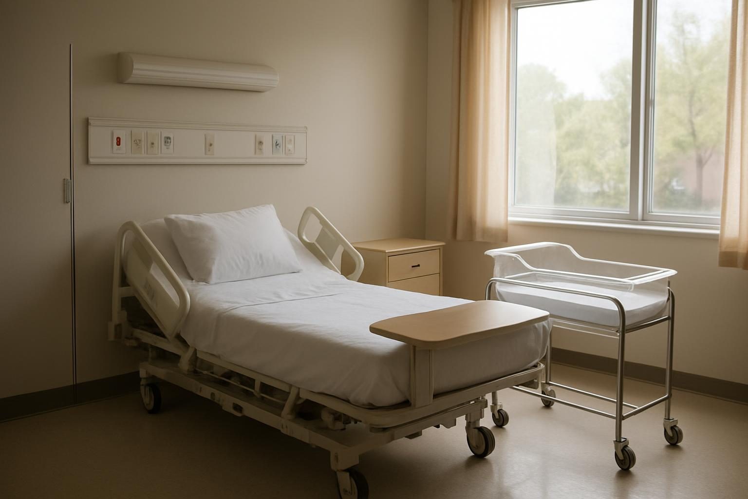Quarto de maternidade com leito e berço para recém-nascido