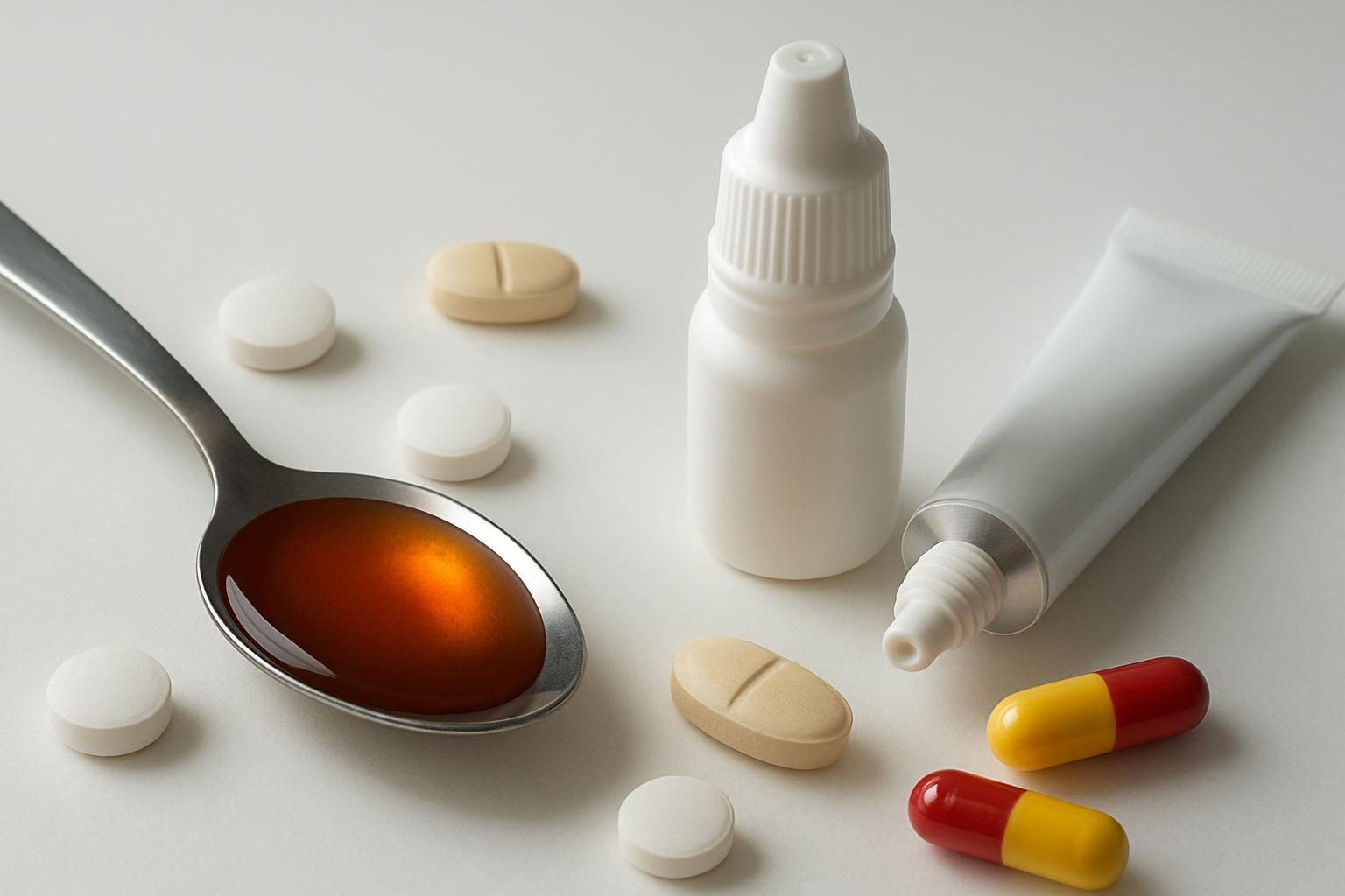 Diferentes formas farmacêuticas: comprimidos, cápsulas, xarope, pomada e colírio