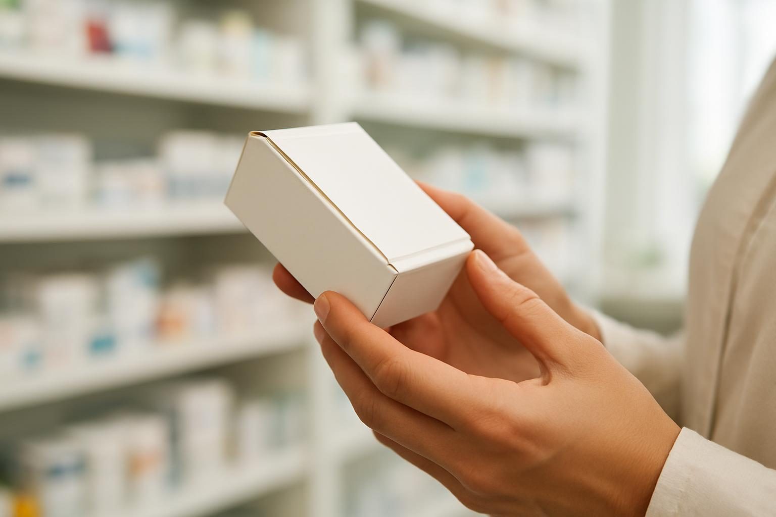 Pessoa conferindo a embalagem de um medicamento na farmácia