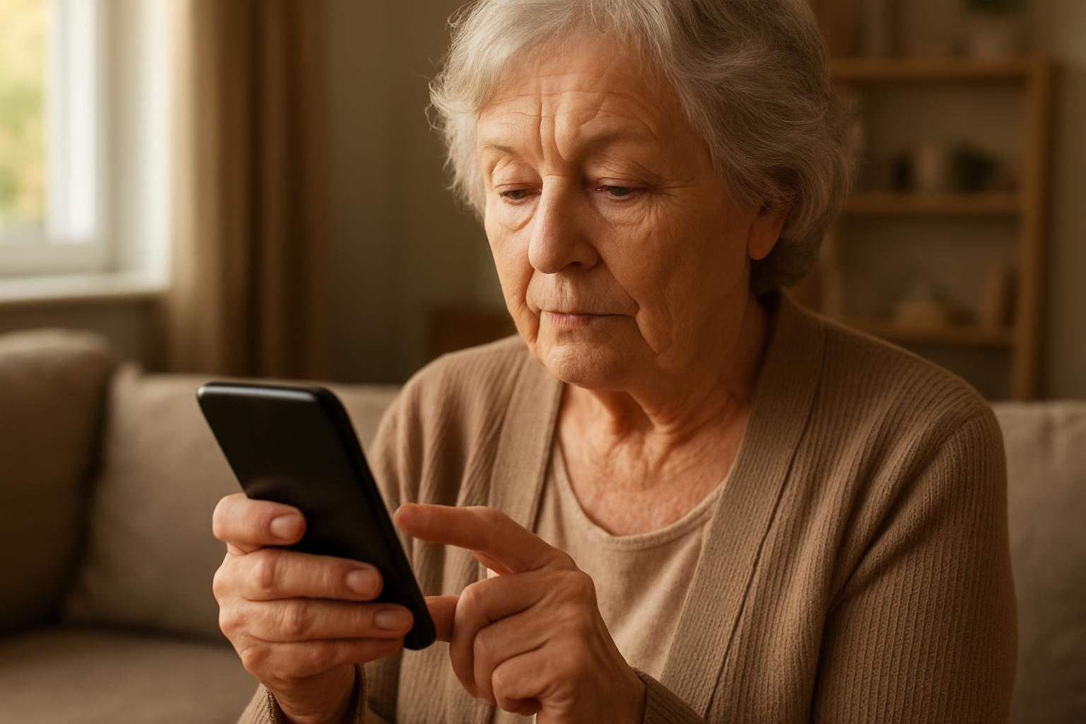 Mulher idosa consultando o aplicativo no celular para encontrar o número do benefício