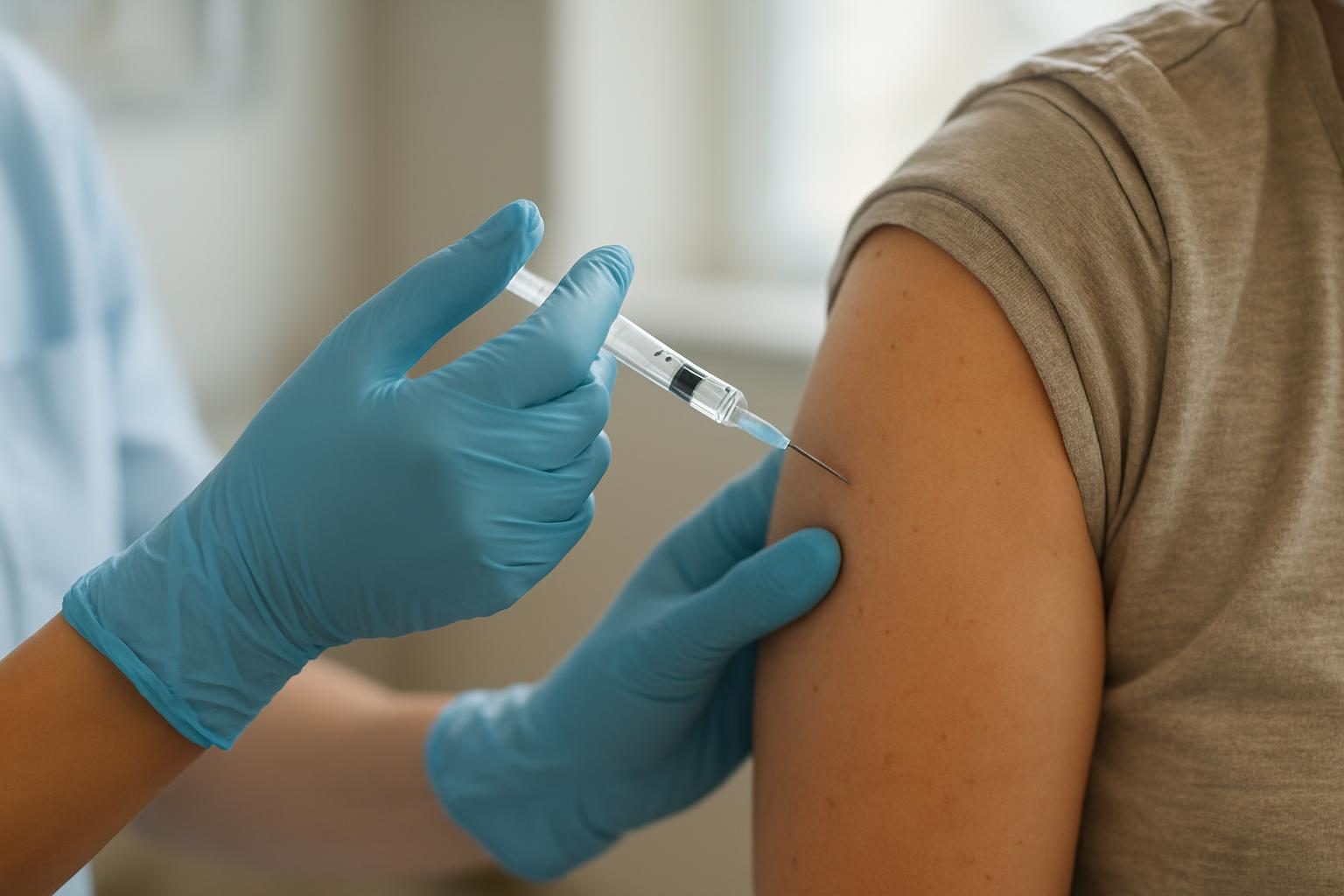 Profissional de enfermagem aplicando vacina no braço de um adulto em posto de saúde