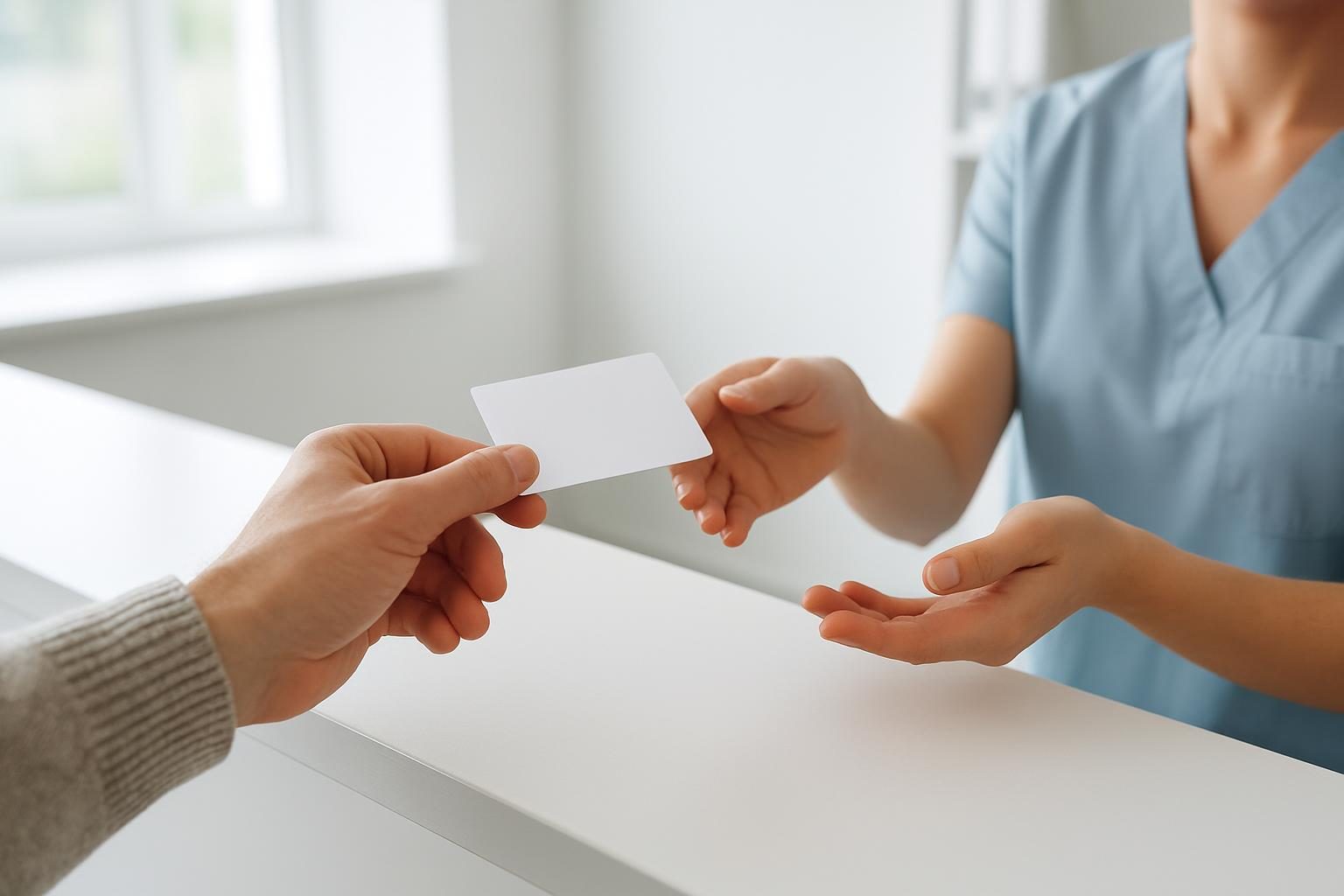 Mão entregando cartão de plano de saúde na recepção de uma clínica