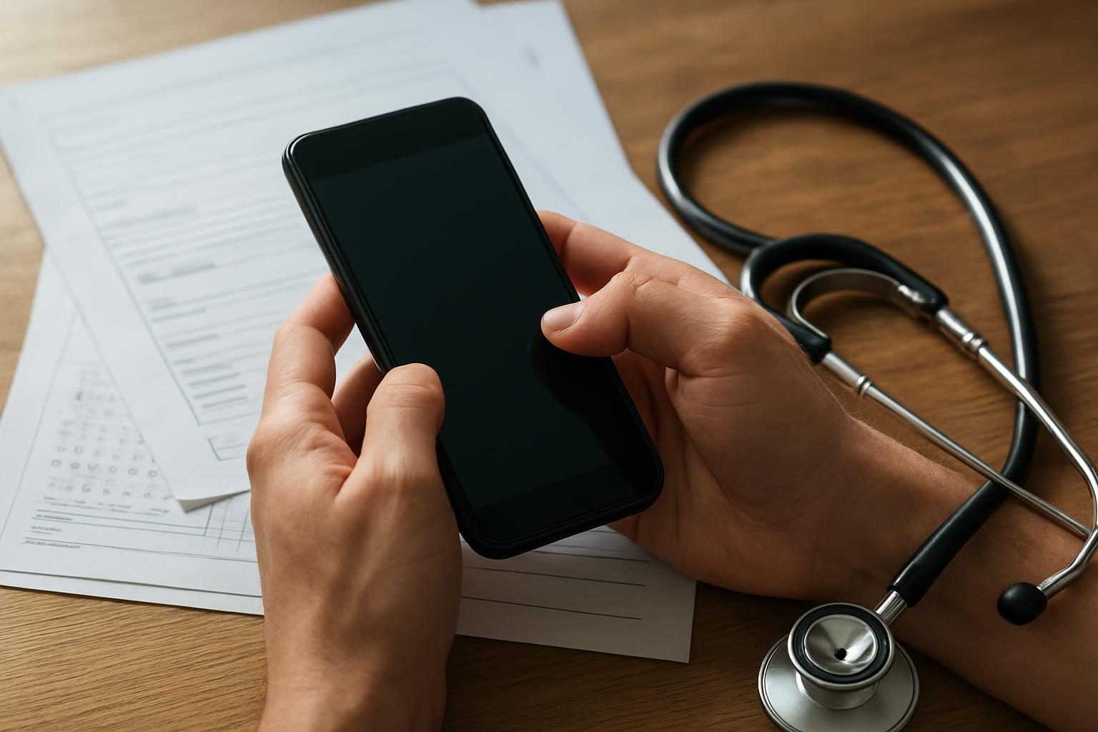 Segurado reunindo documentos médicos e fazendo o pedido pelo celular