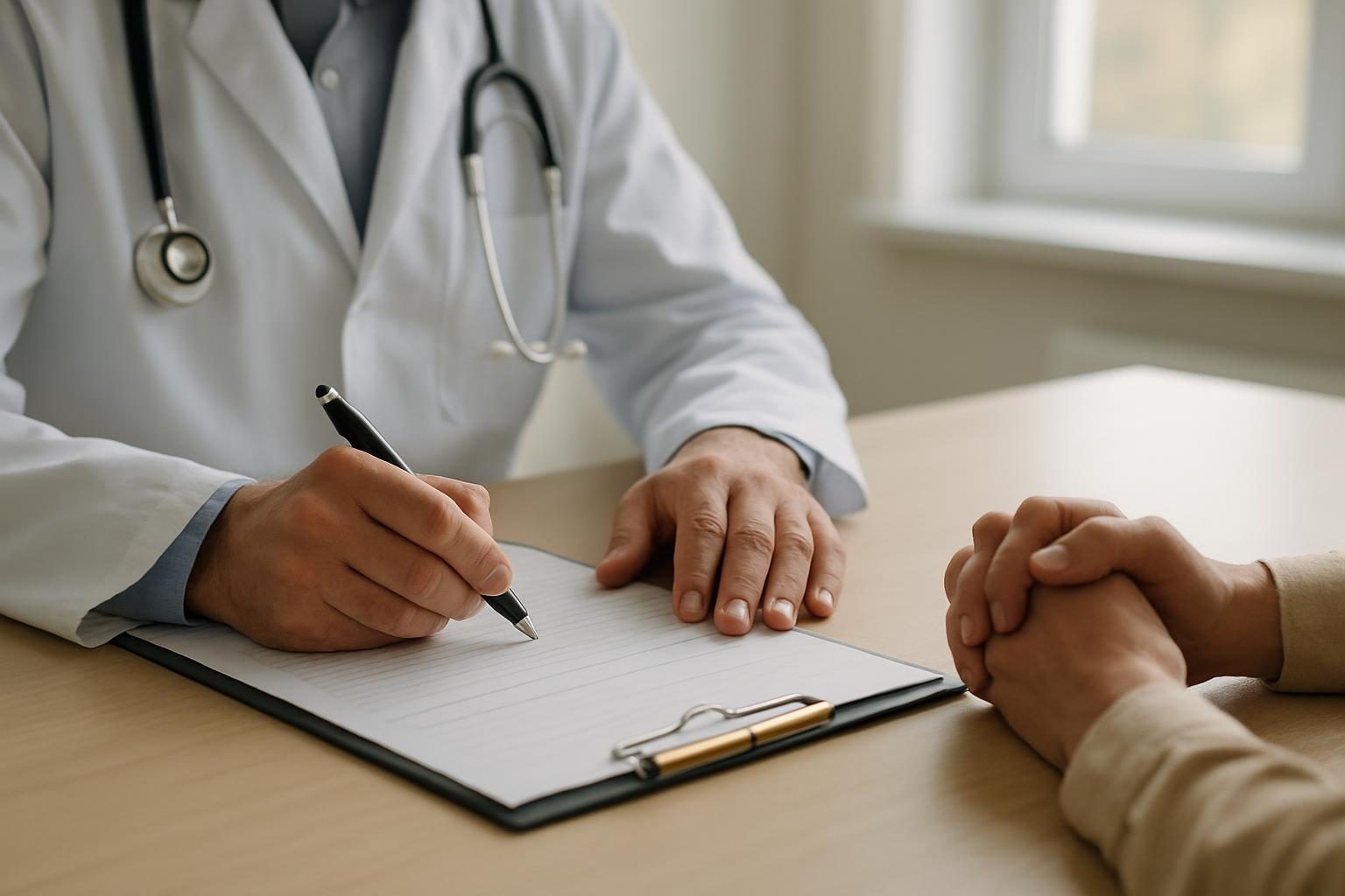 Médico preenchendo relatório detalhado para o pedido de auxílio-doença