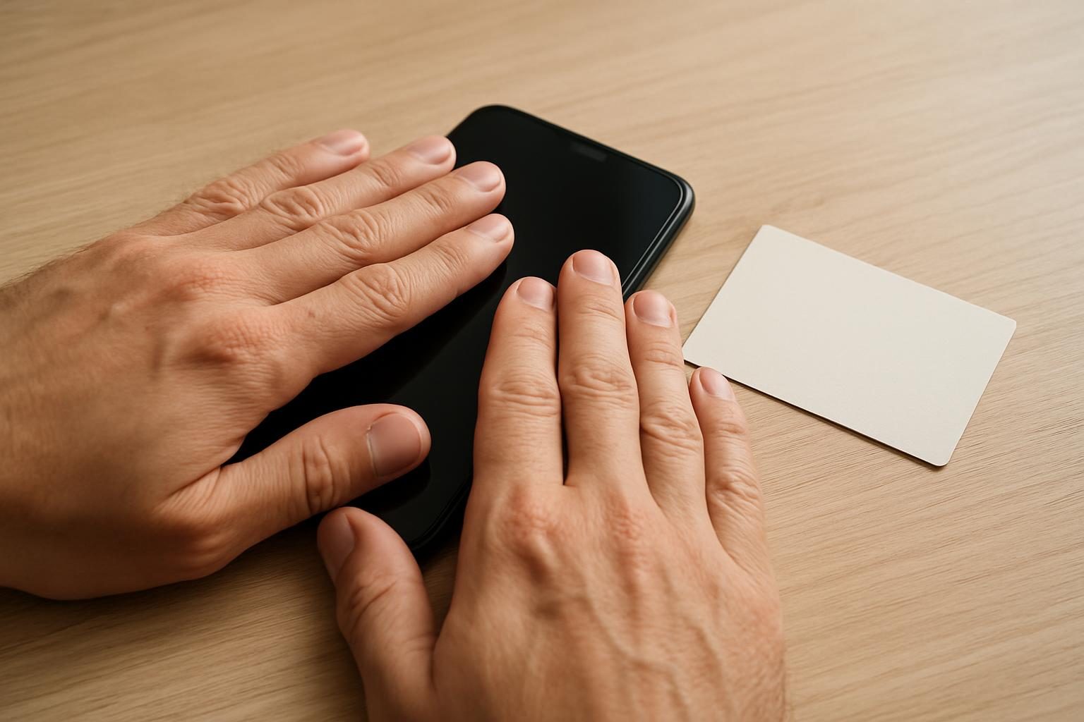Mãos protegendo celular e cartão, representando cuidado contra golpes com benefício do INSS