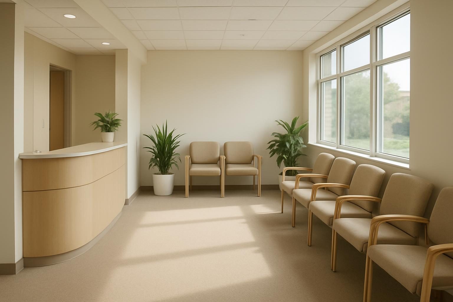 Recepção de clínica médica credenciada vazia e iluminada