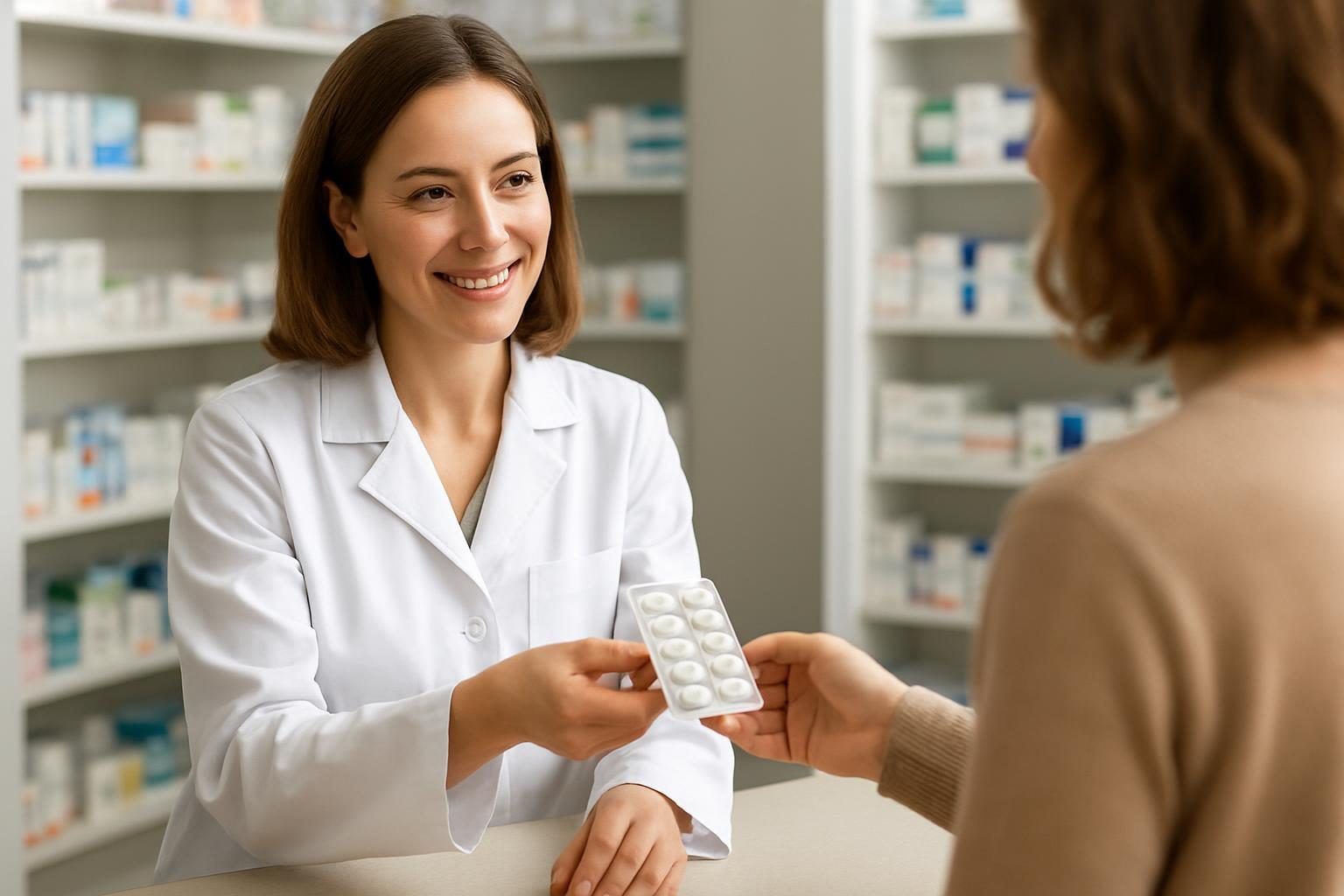 Farmacêutico orientando cliente sobre medicamento no balcão da farmácia