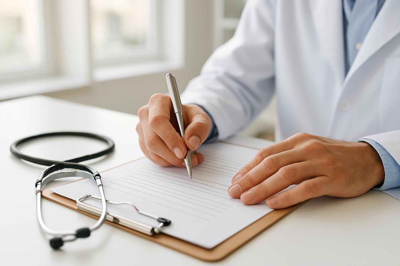 Médico preenchendo atestado em consultório, documento essencial para a análise do INSS