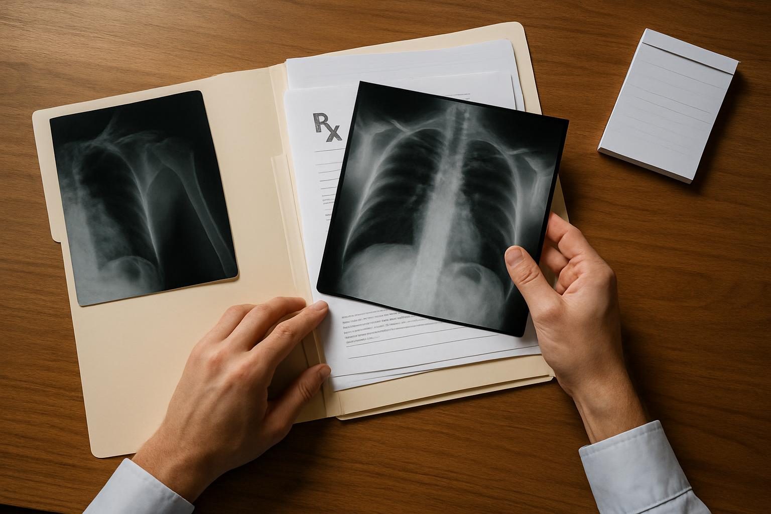 Pessoa organizando laudos e exames médicos para recurso ou novo pedido ao INSS