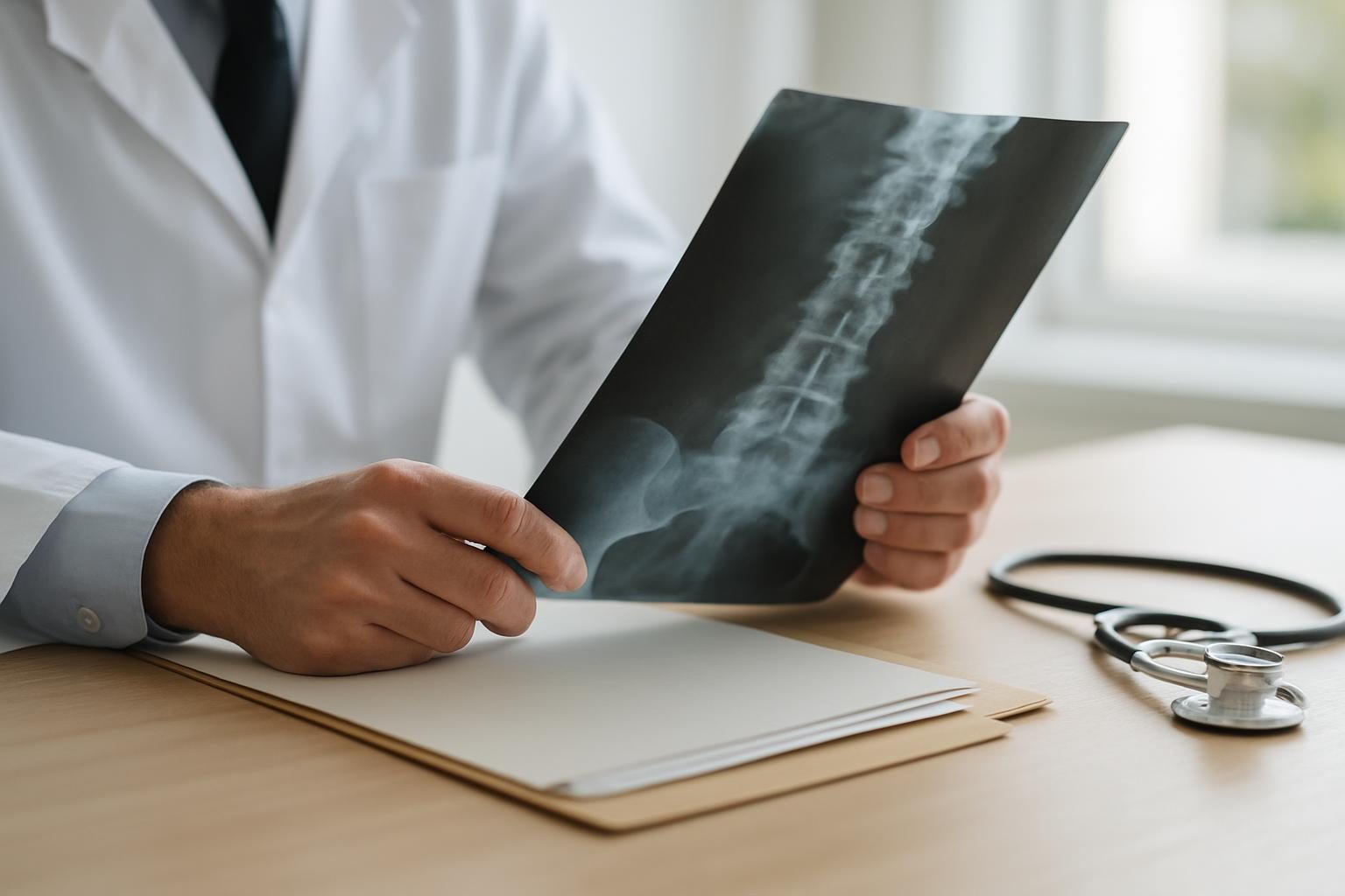 Médico analisando exame de imagem que mostra a evolução de uma doença na coluna