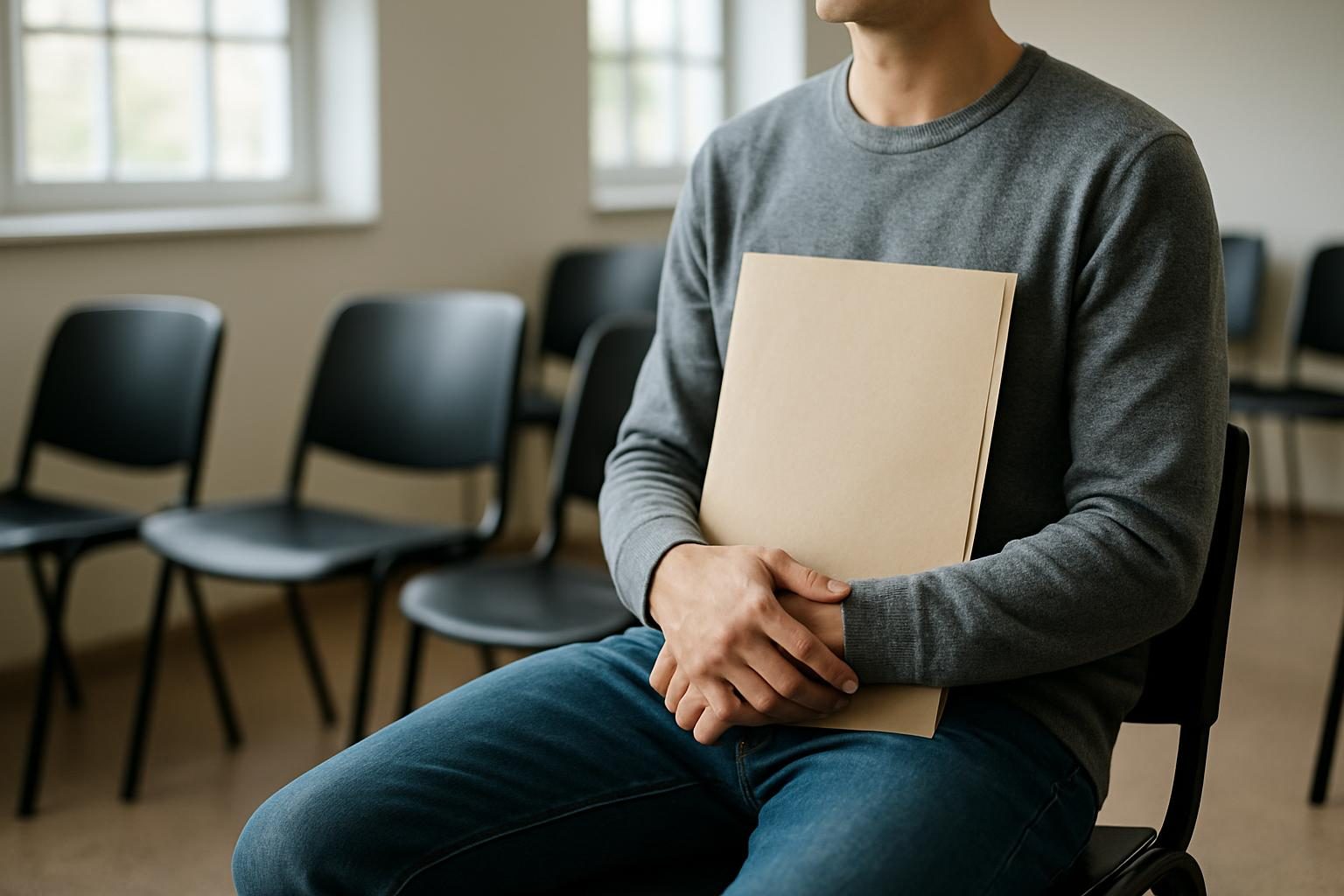 Segurado aguardando a perícia médica com a pasta de laudos e exames nas mãos